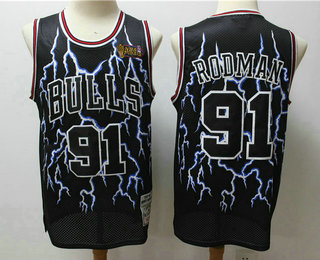 Chicago Bulls #91 Dennis Rodman Black Lightning Hardwood Classics Soul Swingman Throwback Jersey - Zenithce