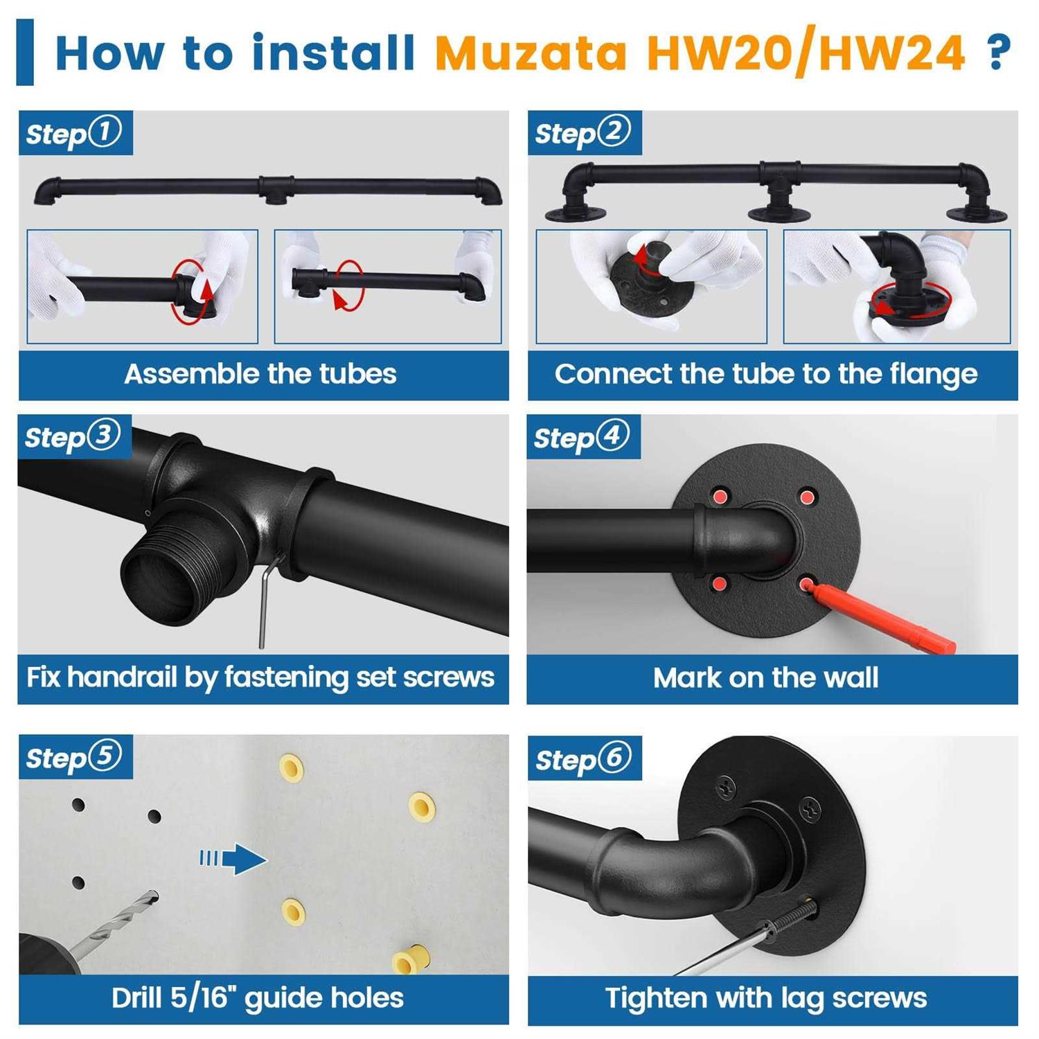 Muzata 10ft Staircase Handrail Black Pipe Handrail Staircase Steps Hand Rail for Indoor Stairs 440LBS Load Capacity Wall Mount Support Galvanized - Zenithce