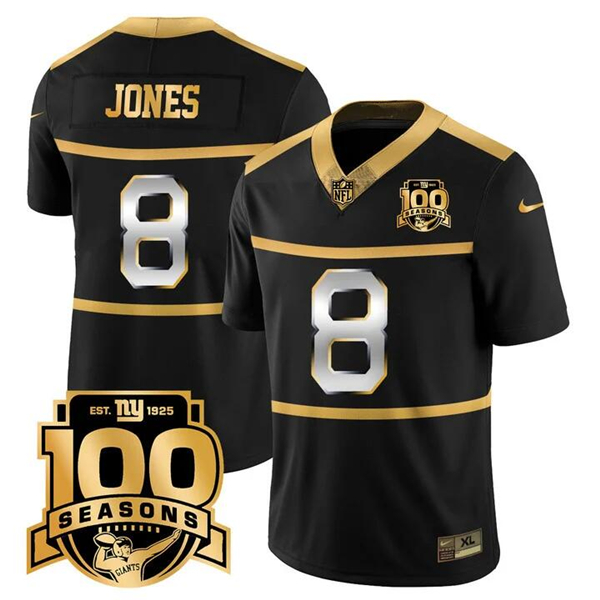 New York Giants #8 Daniel Jones Black Gold 100TH Season Commemorative Patch Limited Stitched Jersey - Zenithce