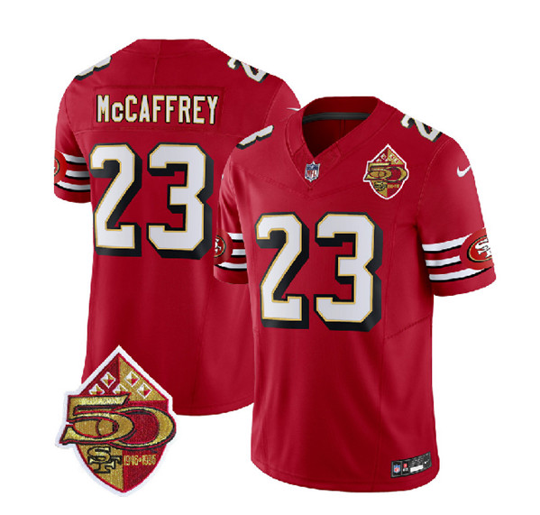San Francisco 49ers #23 Christian McCaffrey Red 2023 F.U.S.E. 50th Patch Throwback Stitched Jersey - Zenithce