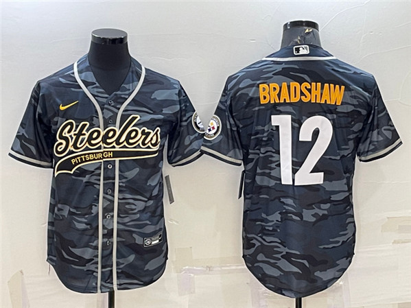 Pittsburgh Steelers #12 Terry Bradshaw Grey Navy Camo With Patch Cool Base Stitched Baseball Jersey - Zenithce