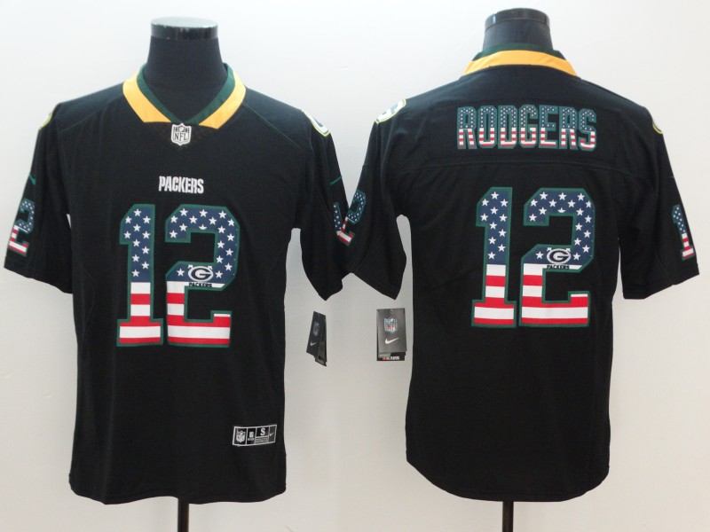 Packers #12 Aaron Rodgers 2018 Black USA Flag Color Rush Limited Fashion Stitched Jersey - Zenithce