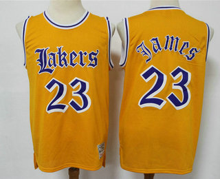 Los Angeles Lakers #23 LeBron James Yellow English Version Hardwood Classics Soul Swingman Throwback Jersey - Zenithce