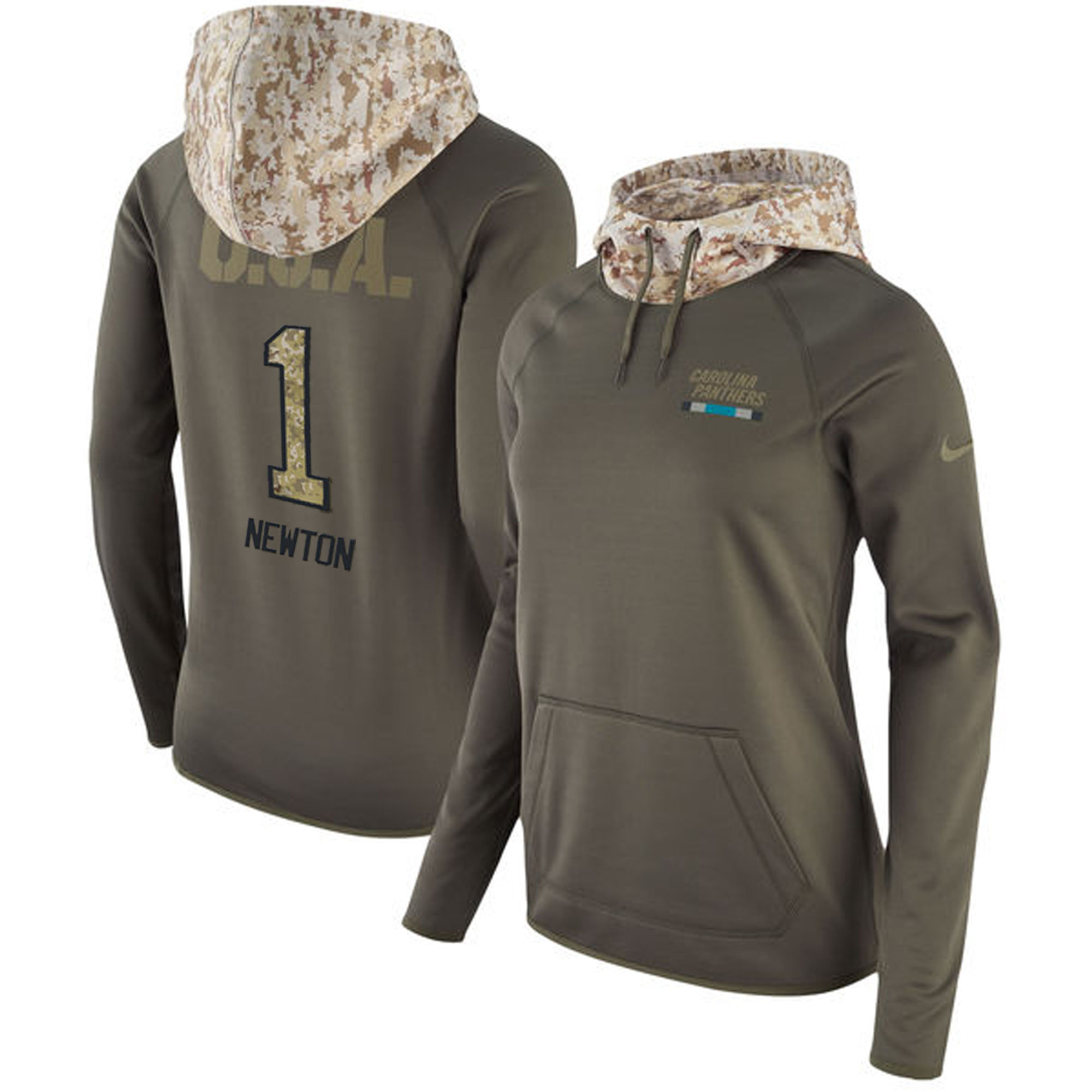 Women's Carolina Panthers #1 Cam Newton Olive Salute To Service Sideline Therma Pullover Hoodie - Zenithce