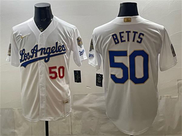 Los Angeles Dodgers #50 Mookie Betts White 2026 Gold Collection 9x B2B Champs Patch Stitched Jersey - Zenithce