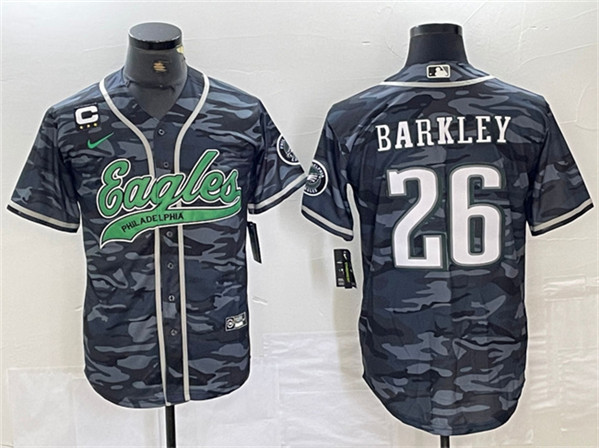 Philadelphia Eagles #26 Saquon Barkley Gray Camo With 3-Star C Patch Cool Base Stitched Jersey - Zenithce