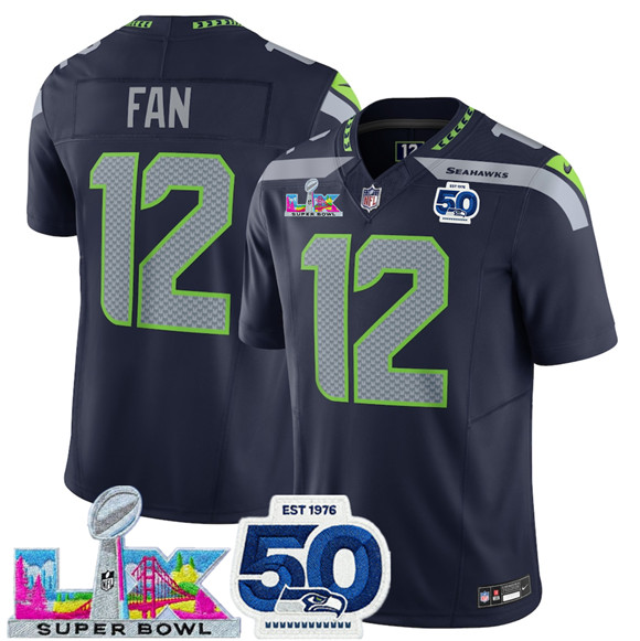 Seattle Seahawks #12 Fan Navy 2025 F.U.S.E. Super Bowl LX Patch And 50th Season Patch Vapor Limited Stitched Jersey - Zenithce