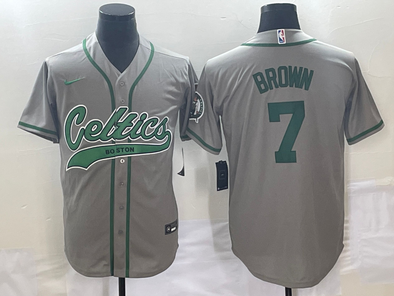 Boston Celtics #7 Jaylen Brown Grey With Patch Stitched Baseball Jersey - Zenithce