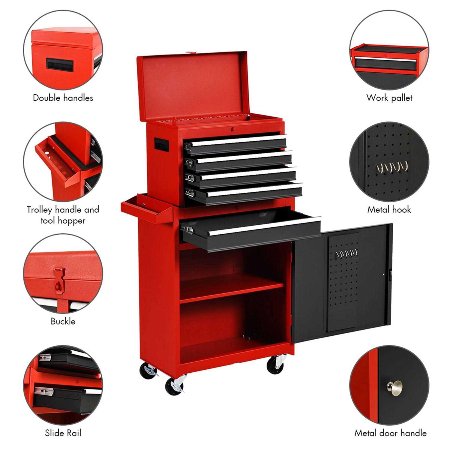 Costway 2 in 1 Tool Chest & Cabinet with 5 Sliding Drawers Rolling Garage Box Organizer - Zenithce