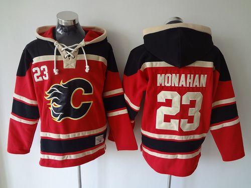 Flames #23 Sean Monahan Red Sawyer Hooded Sweatshirt Stitched Jersey - Zenithce