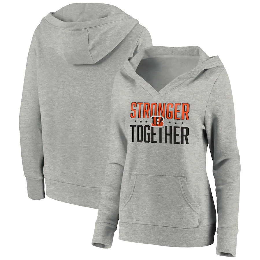Women's Cincinnati Bengals Heather Gray Stronger Together Crossover Neck Pullover Hoodie(Run Small) - Zenithce