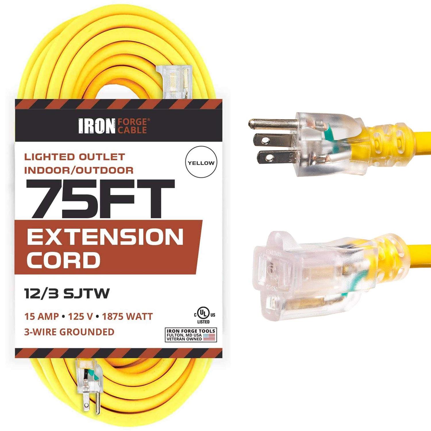 Iron Forge Cable Lighted Outdoor Extension Cord 12/3 Sjtw Heavy Duty Yellow Extension Cable with 3 - Zenithce