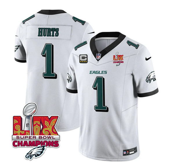 Philadelphia Eagles #1 Jalen Hurts White 2025 Eagles Logo Super Bowl LIX Patch New F.U.S.E. Vapor Untouchable Limited Stitched Jersey - Zenithce
