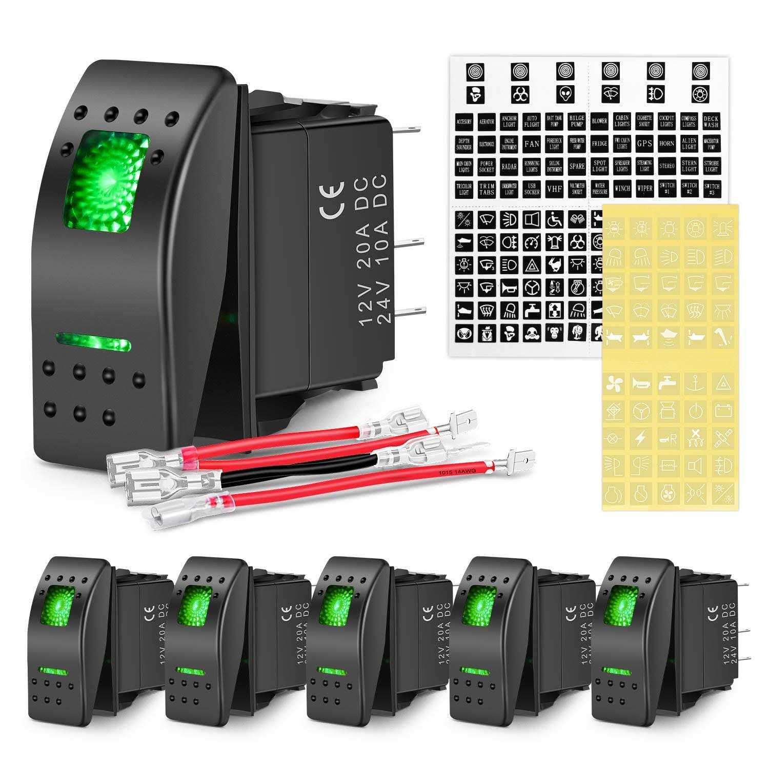 Nilight 6 Pack Rocker Switches with Night Glow Stickers 5 Pin SPST Rocker Switches - Zenithce