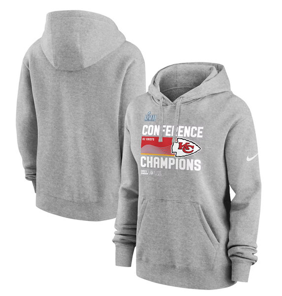 Women's Kansas City Chiefs Gray 2022 AFC Champions Performance Pullover Hoodie(Run Small) - Zenithce