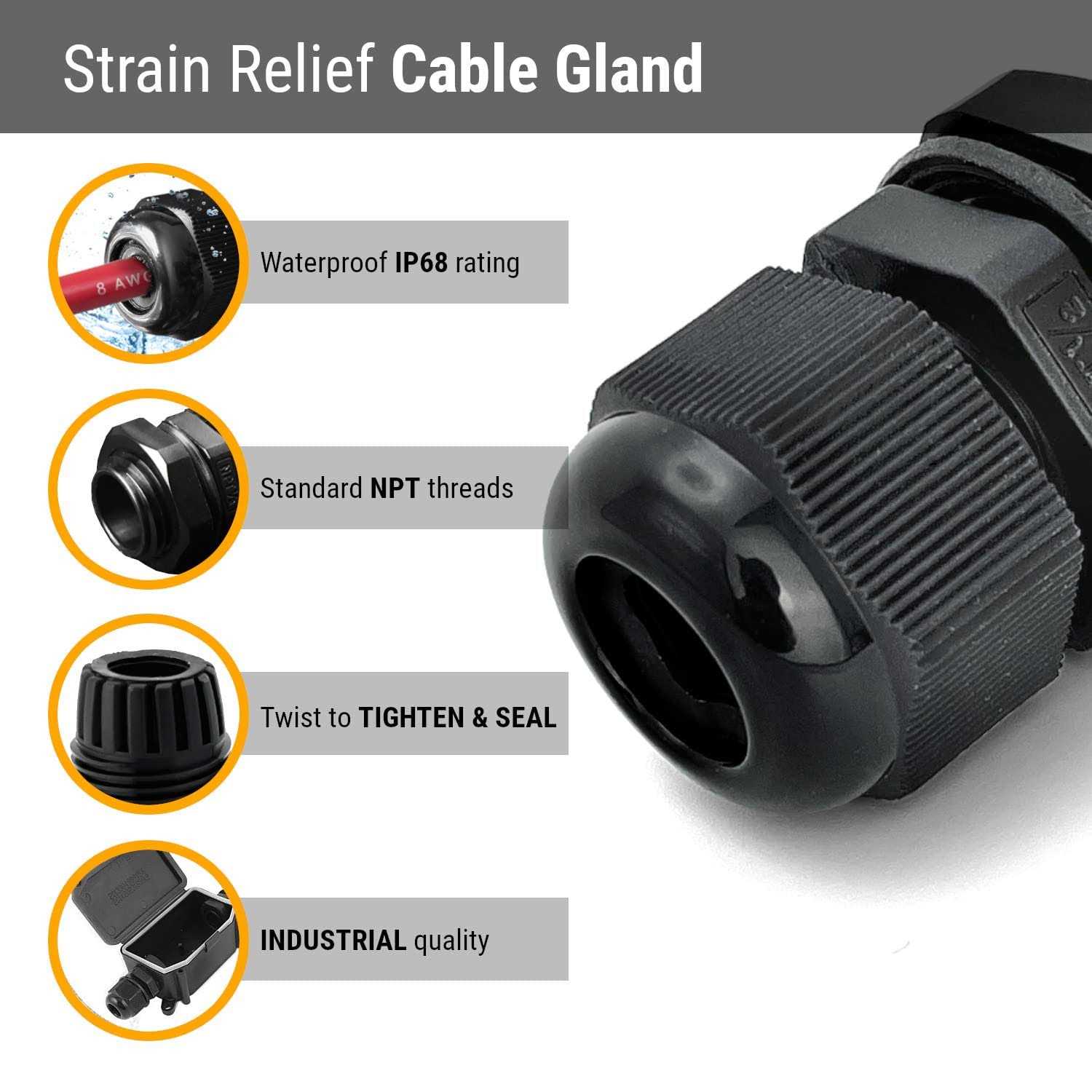 MGI SpeedWare NPT Strain Relief Nylon Cord Grip Cable Glands - Zenithce