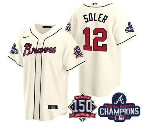 Atlanta Braves #12 Jorge Soler 2021 Cream World Series Champions With 150th Anniversary Patch Cool Base Stitched Jersey - Zenithce