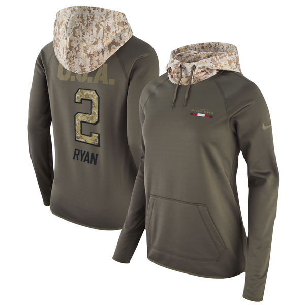 Women's Atlanta Falcons #2 Matt Ryan Olive Salute To Service Sideline Therma Pullover Hoodie - Zenithce