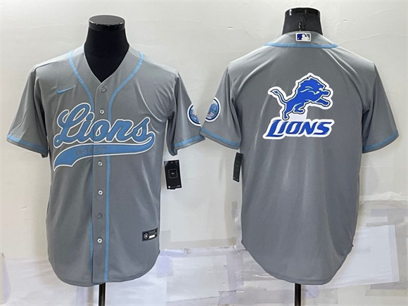 Detroit Lions Gray Team Big Logo With Patch Cool Base Stitched Baseball Jersey - Zenithce