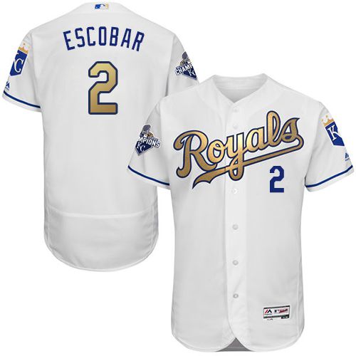 Royals #2 Alcides Escobar White 2015 World Series Champions Gold Program FlexBase Authentic Stitched Jersey - Zenithce
