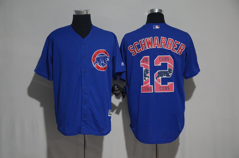 Chicago Cubs #12 Kyle Schwarber Blue Team Logo Print Cool Base Stitched Jersey - Zenithce