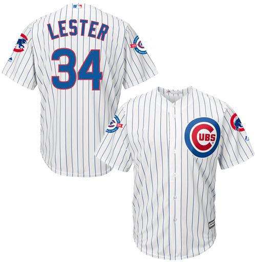 Cubs #34 Jon Lester White Strip New Cool Base With 100 Years At Wrigley Field Commemorative Patch Stitched Jersey - Zenithce