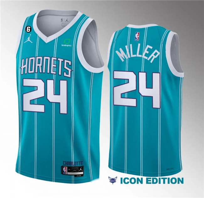 Charlotte Hornets #24 Brandon Miller Blue 6 Patch Sponsor 2023 Icon Edition Stitched Jersey - Zenithce