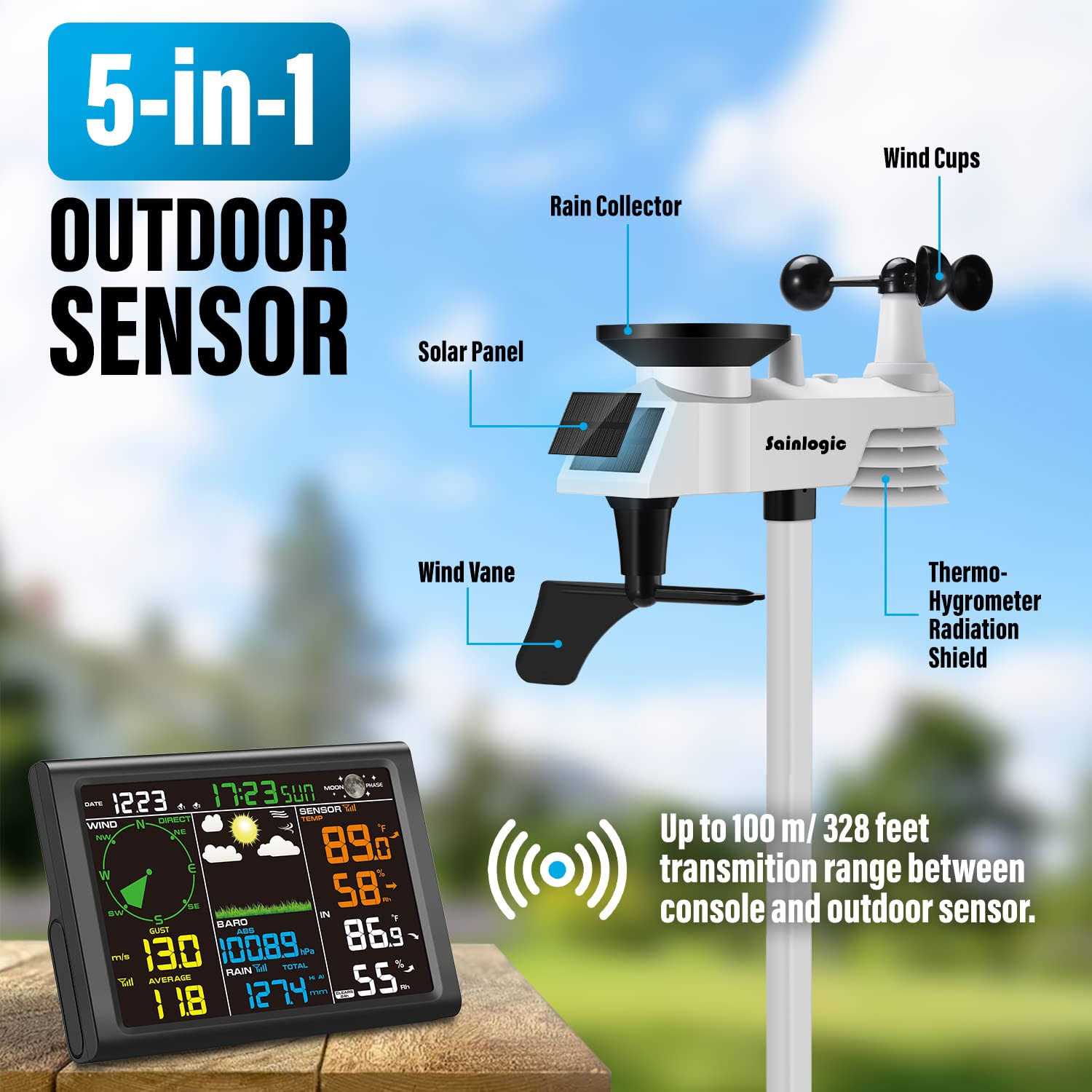 Sainlogic Wifi Weather Station, 10.2 Inch Large Display Wireless Weather Station, Weather Station Wireless Indoor Outdoor with Rain Gauge and Wind - Zenithce