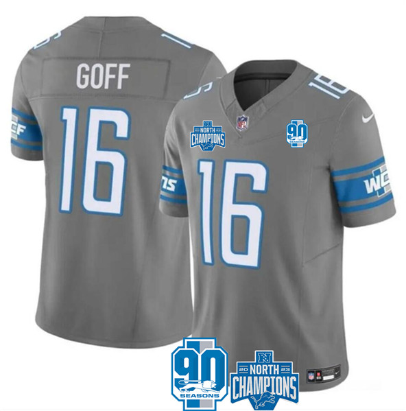 Detroit Lions #16 Jared Goff Gray 2023 90th Anniversary North Division Champions Patch Limited Stitched Jersey - Zenithce