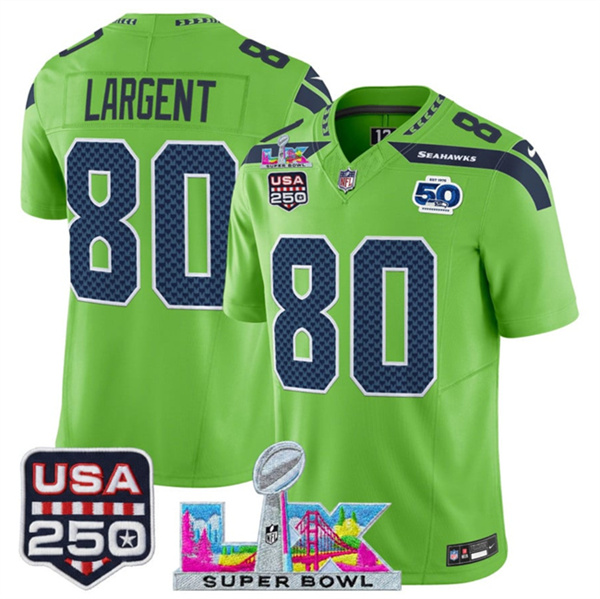 Seattle Seahawks #80 Steve Largent Green 2025 F.U.S.E. Super Bowl LX Patch And 50th Season USA 250' Patch Vapor Limited Stitched Jersey - Zenithce