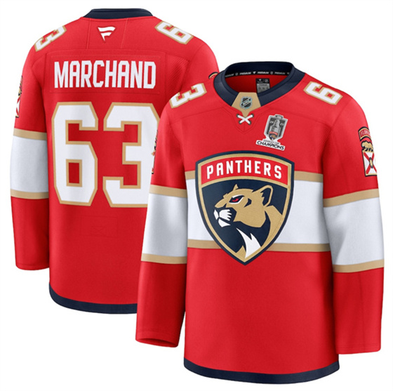 Florida Panthers #63 Brad Marchand Red Home 2025 Stanley Cup Champions Patch Stitched Jersey - Zenithce