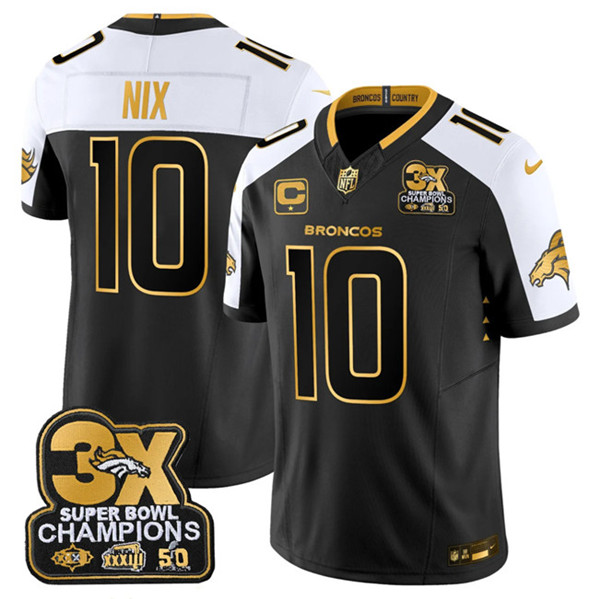 Denver Broncos #10 Bo Nix Black Gold 2024 F.U.S.E. With 3-Time Champions Patch And 1-Star C Patch Vapor Limited Stitched Jersey - Zenithce