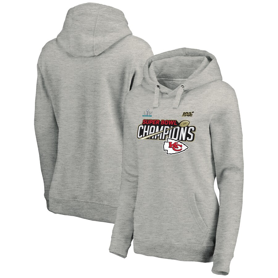 Women's Kansas City Chiefs Heathered Gray Super Bowl LIV Champions Lateral Pullover Hoodie(Run Small) - Zenithce