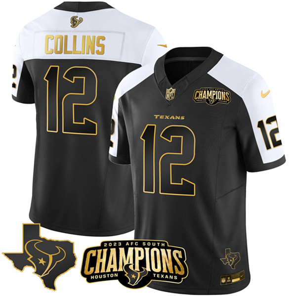 Houston Texans #12 Nico Collins Black White Golden 2023 F.U.S.E. With AFC South Champions Patch And Team Logo Patch Limited Stitched Jersey - Zenithce