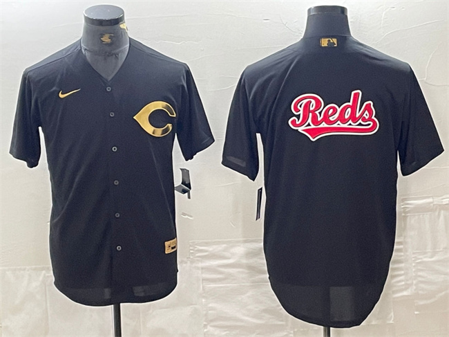 Cincinnati Reds Black Team Big Logo Cool Base Stitched Jersey - Zenithce