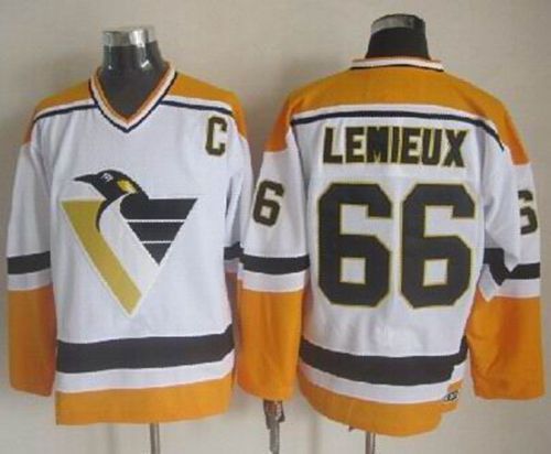 Penguins #66 Mario Lemieux White Yellow CCM Throwback Stitched Jersey - Zenithce
