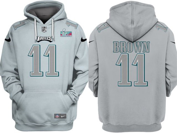 Philadelphia Eagles #11 A.J. Brown Gray Atmosphere Fashion Super Bowl LVII Patch Pullover Hoodie - Zenithce