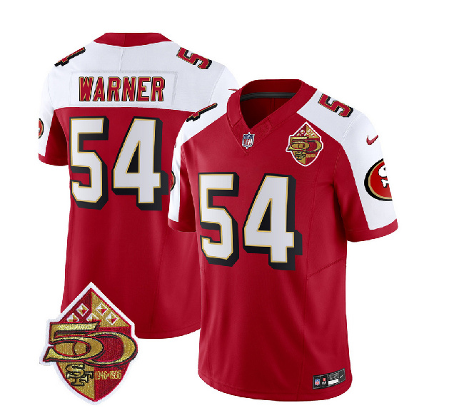 San Francisco 49ers #54 Fred Warner Red White 2023 F.U.S.E. 50th Patch Throwback Stitched Jersey - Zenithce