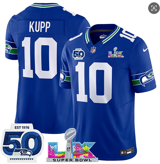 Seattle Seahawks#10 Cooper Kupp Royal 2025 F.U.S.E. Super Bowl LX Patch And 50th Season Patch Vapor Throwback Limited Stitched Jersey - Zenithce