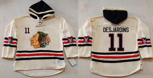 Blackhawks #11 Andrew Desjardins Cream Heavyweight Pullover Hoodie Stitched NHL Jersey - Zenithce