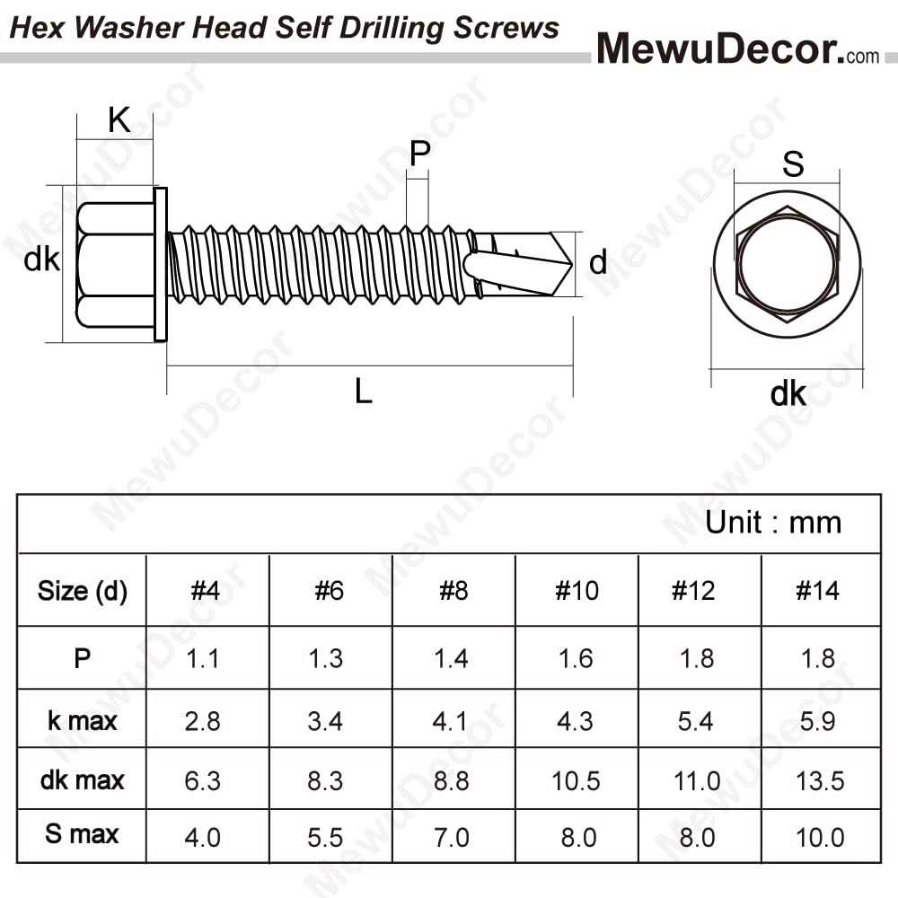 MewuDecor #14 x Hex Washer Head Self Drilling Sheet Metal Tek Screws with Drill Point - Zenithce