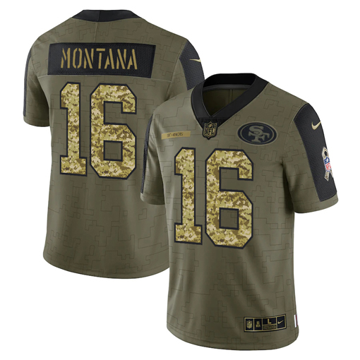 San Francisco 49ers #16 Joe Montana 2021 Olive Camo Salute To Service Limited Stitched Jersey - Zenithce