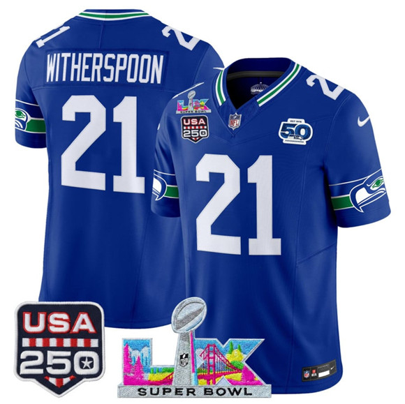 Seattle Seahawks #21 Devon Witherspoon Royal 2025 F.U.S.E. Super Bowl LX Patch And 50th Season USA 250' Patch Vapor Throwback Limited Stitched Jersey - Zenithce