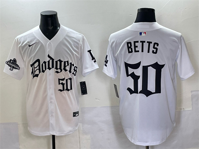 Los Angeles Dodgers #50 Mookie Betts White 2025 LA Gothic Style With 2024 World Series Champions Patch Vapor Premier Limited Stitched Jersey - Zenithce