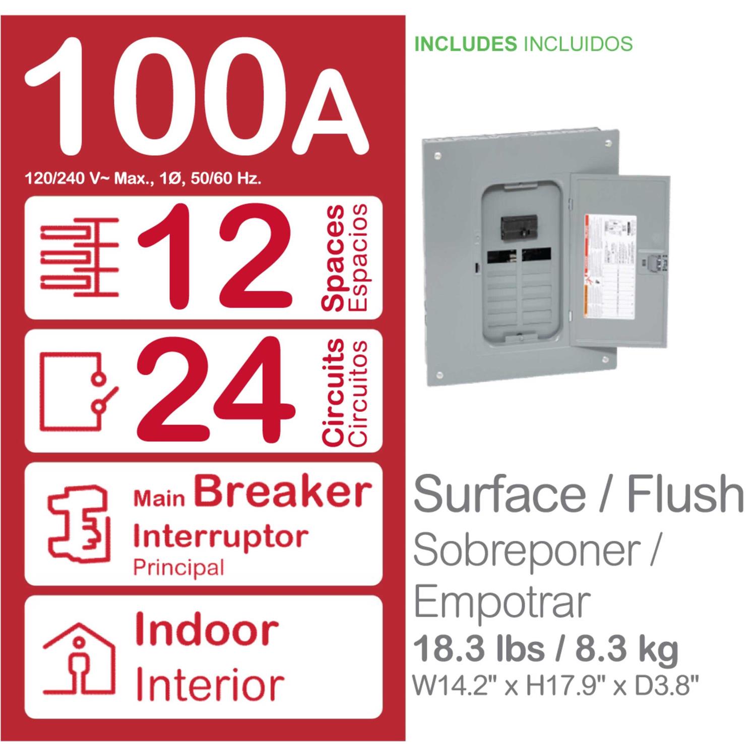 Square D HOM1224L125PRB Homeline 125-Amp 12-Space 24-Circuit Outdoor Main Lugs Load Center with Cover - Zenithce