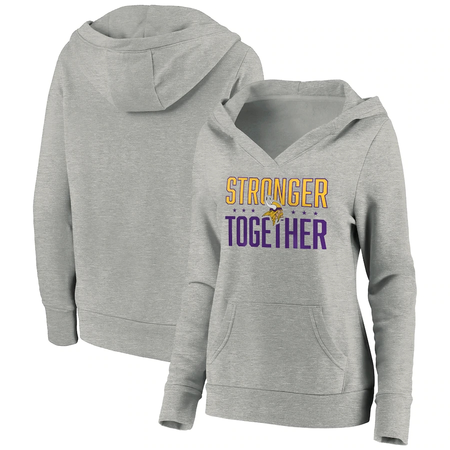 Women's Minnesota Vikings Heather Gray Stronger Together Crossover Neck Pullover Hoodie(Run Small) - Zenithce