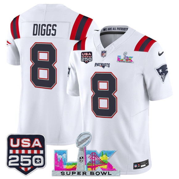 New England Patriots #8 Stefon Diggs White 2025 F.U.S.E. Super Bowl LX Patch And USA 250' Patch Vapor Limited Stitched Jersey - Zenithce