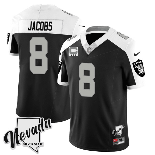 Las Vegas Raiders #8 Josh Jacobs Black White 2023 F.U.S.E Nevada Silver Stat With 3-Star C Patch Stitched Jersey - Zenithce