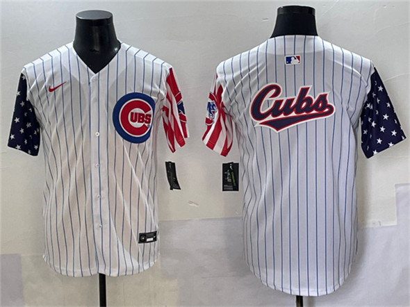 Chicago Cubs Team Big Logo White Pinstripe 2025 Independence Day Vapor Premier Limited Stitched Jersey - Zenithce