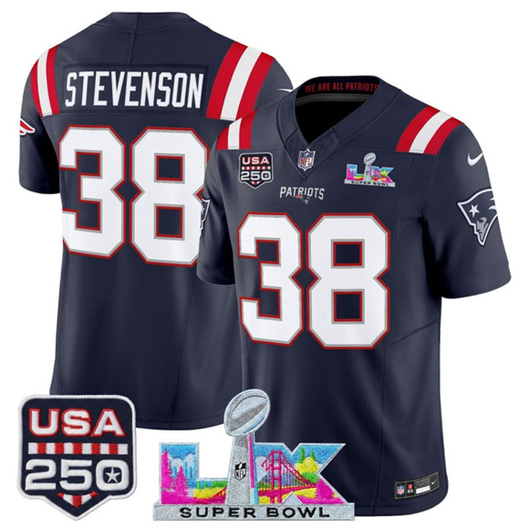 New England Patriots #38 Rhamondre Stevenson Navy 2025 F.U.S.E. Super Bowl LX Patch And USA 250' Patch Vapor Limited Stitched Jersey - Zenithce